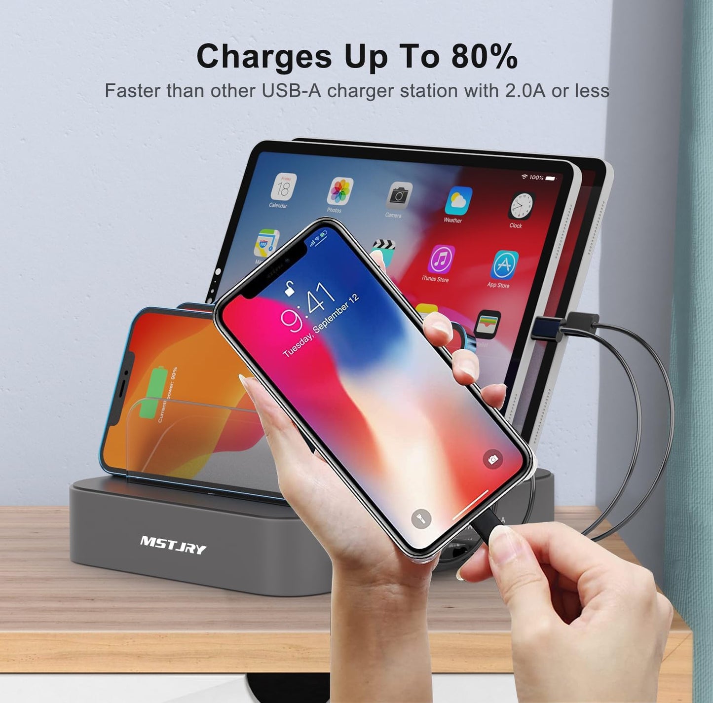 Charging Station for Multiple Devices, 5 Port Multi USB Charger Station with Power Switch Designed for Iphone Ipad Cell Phone Tablets (Gray, 7 Mixed Short Cables Included)