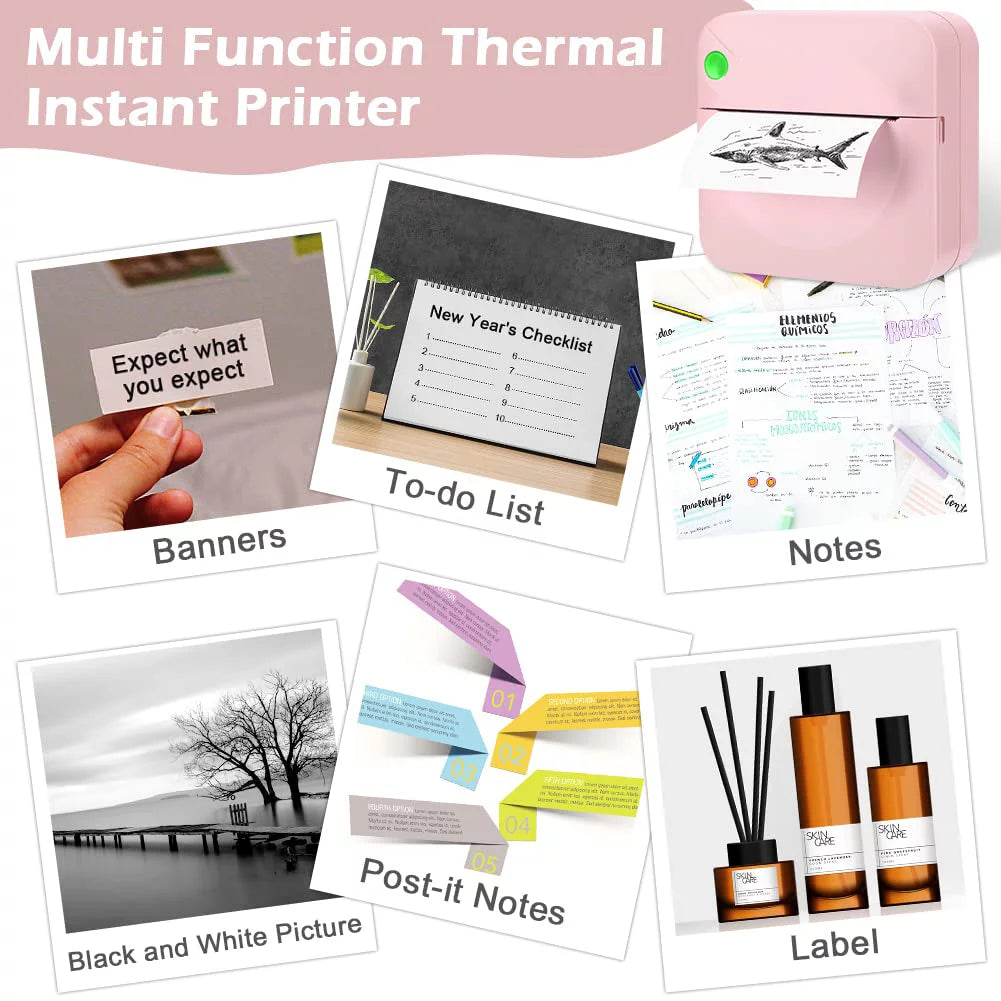 Mini Printer, Bluetooth Pocket Thermal Printer Inkless Portable Sticker Printer Compatible with Ios and Android, Wireless Photo Printer for Printing Label, Journal, Study Notes, Memo, Photos