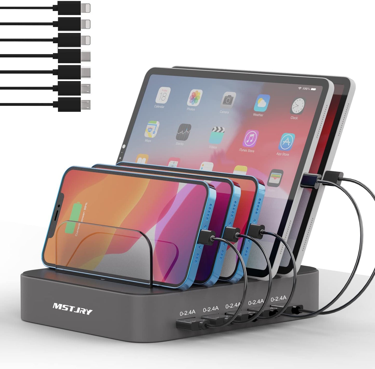 Charging Station for Multiple Devices, 5 Port Multi USB Charger Station with Power Switch Designed for Iphone Ipad Cell Phone Tablets (Gray, 7 Mixed Short Cables Included)