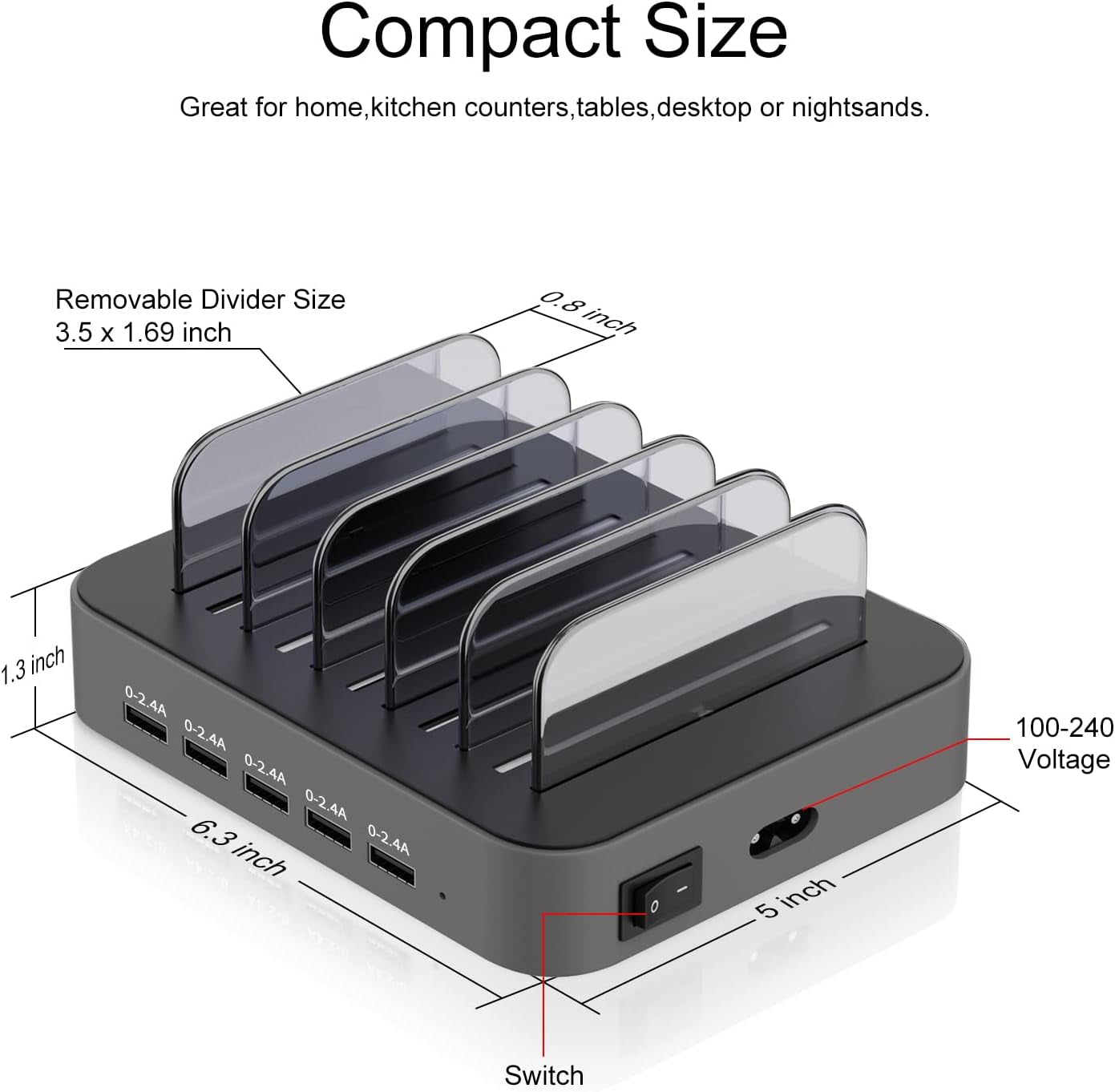 Charging Station for Multiple Devices, 5 Port Multi USB Charger Station with Power Switch Designed for Iphone Ipad Cell Phone Tablets (Gray, 7 Mixed Short Cables Included)