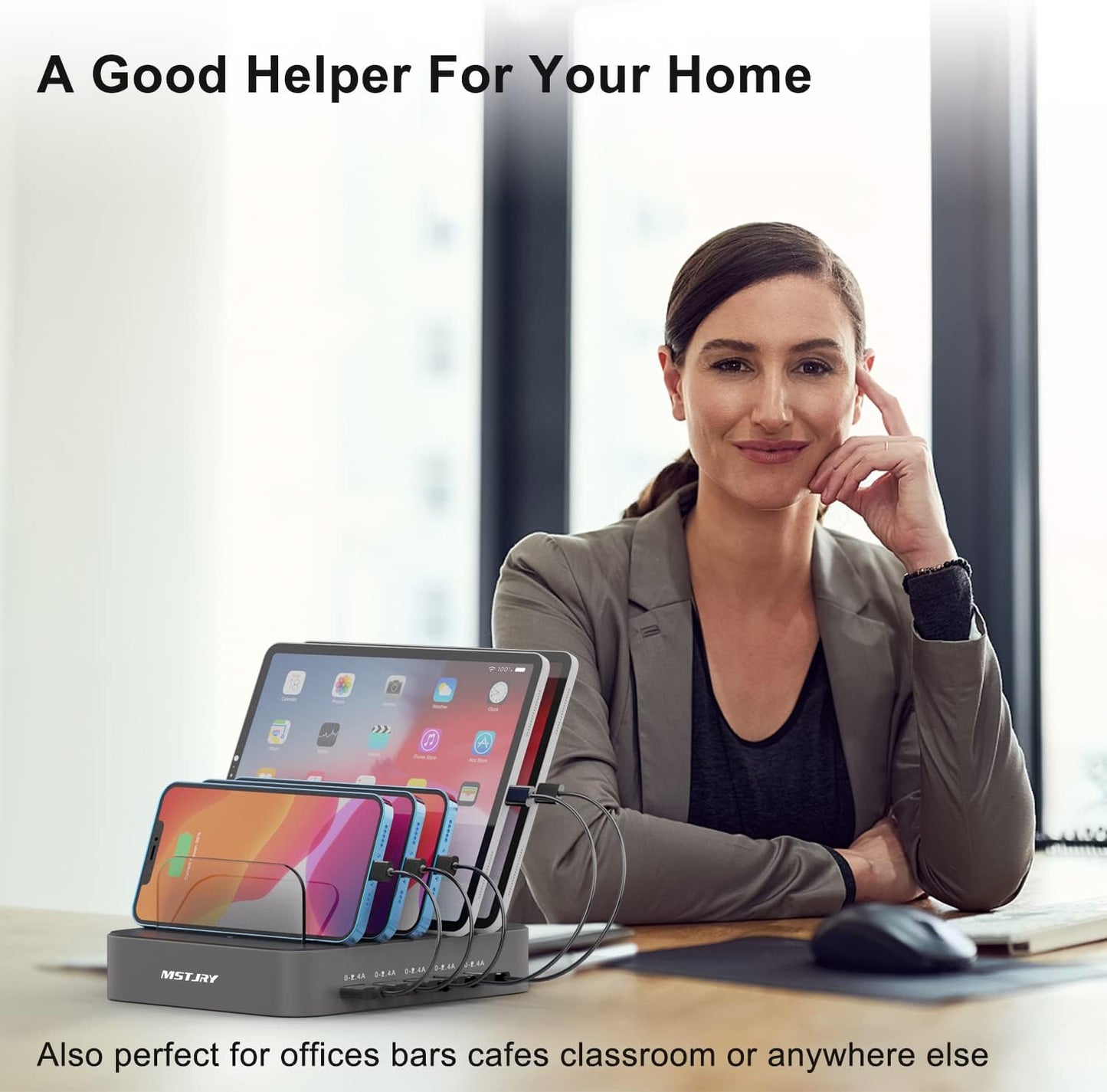 Charging Station for Multiple Devices, 5 Port Multi USB Charger Station with Power Switch Designed for Iphone Ipad Cell Phone Tablets (Gray, 7 Mixed Short Cables Included)