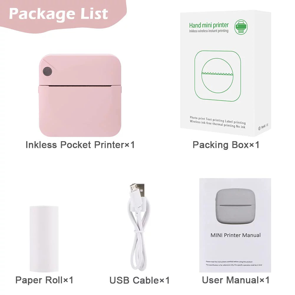 Mini Printer, Bluetooth Pocket Thermal Printer Inkless Portable Sticker Printer Compatible with Ios and Android, Wireless Photo Printer for Printing Label, Journal, Study Notes, Memo, Photos