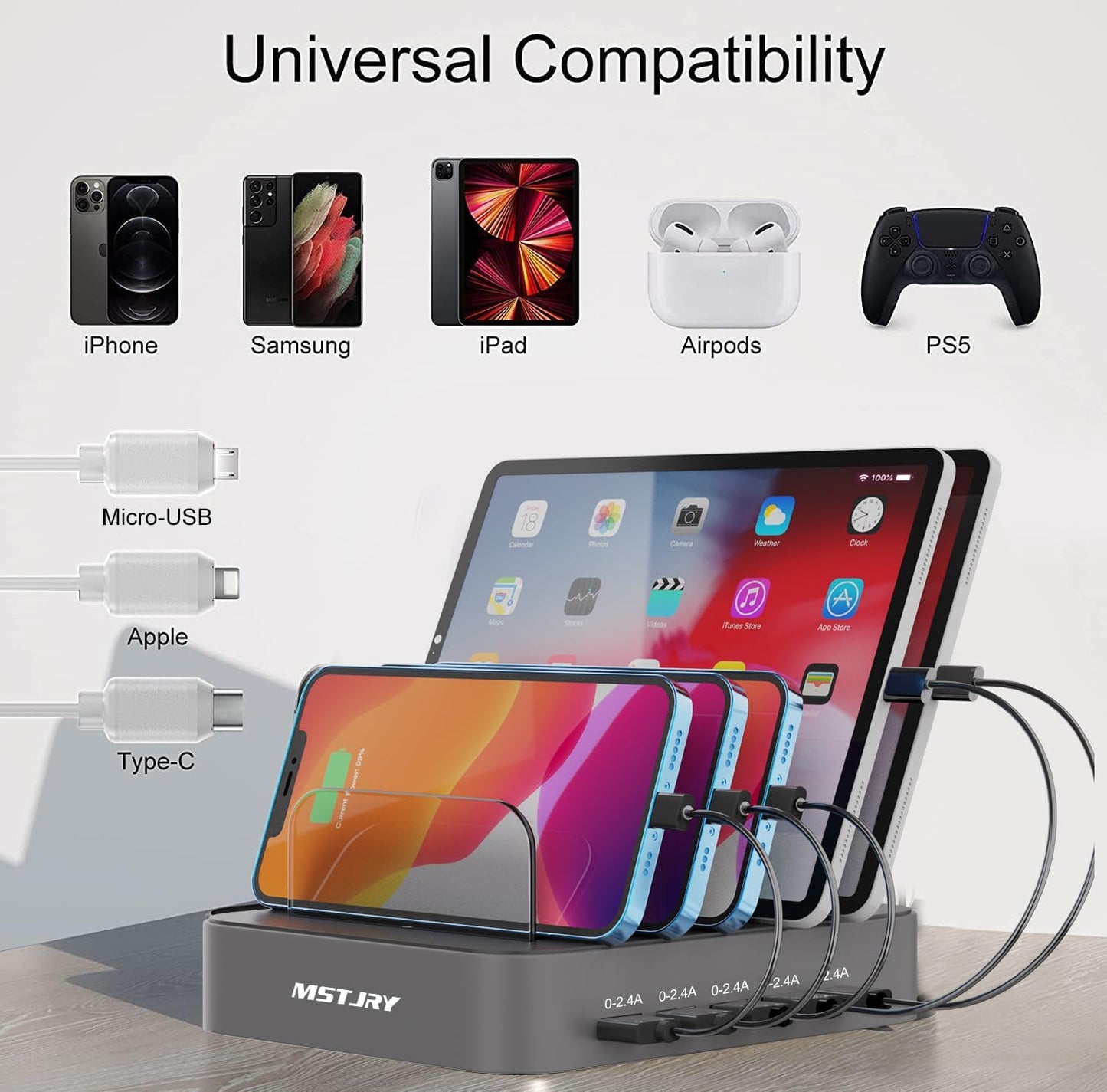 Charging Station for Multiple Devices, 5 Port Multi USB Charger Station with Power Switch Designed for Iphone Ipad Cell Phone Tablets (Gray, 7 Mixed Short Cables Included)