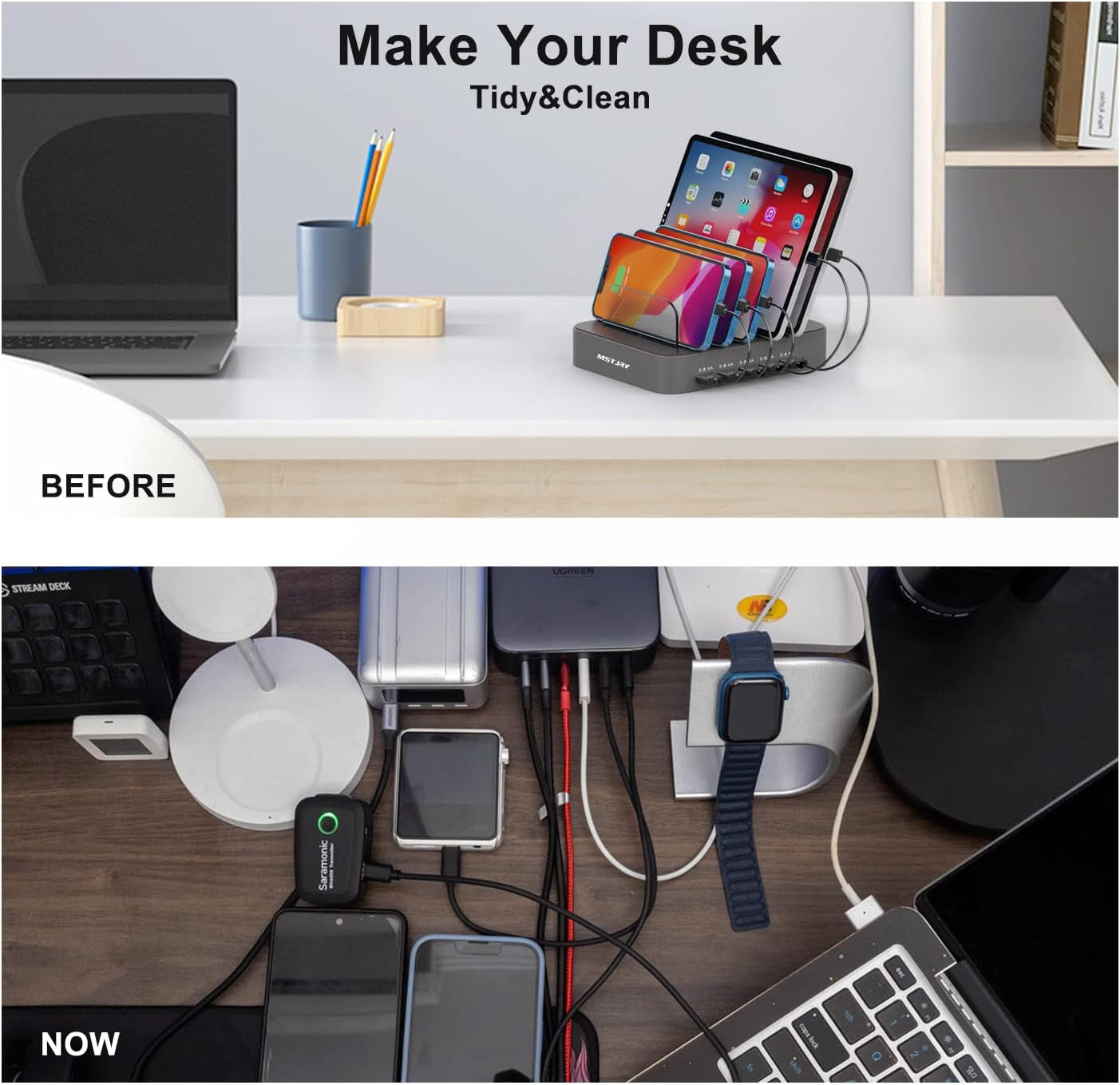 Charging Station for Multiple Devices, 5 Port Multi USB Charger Station with Power Switch Designed for Iphone Ipad Cell Phone Tablets (Gray, 7 Mixed Short Cables Included)