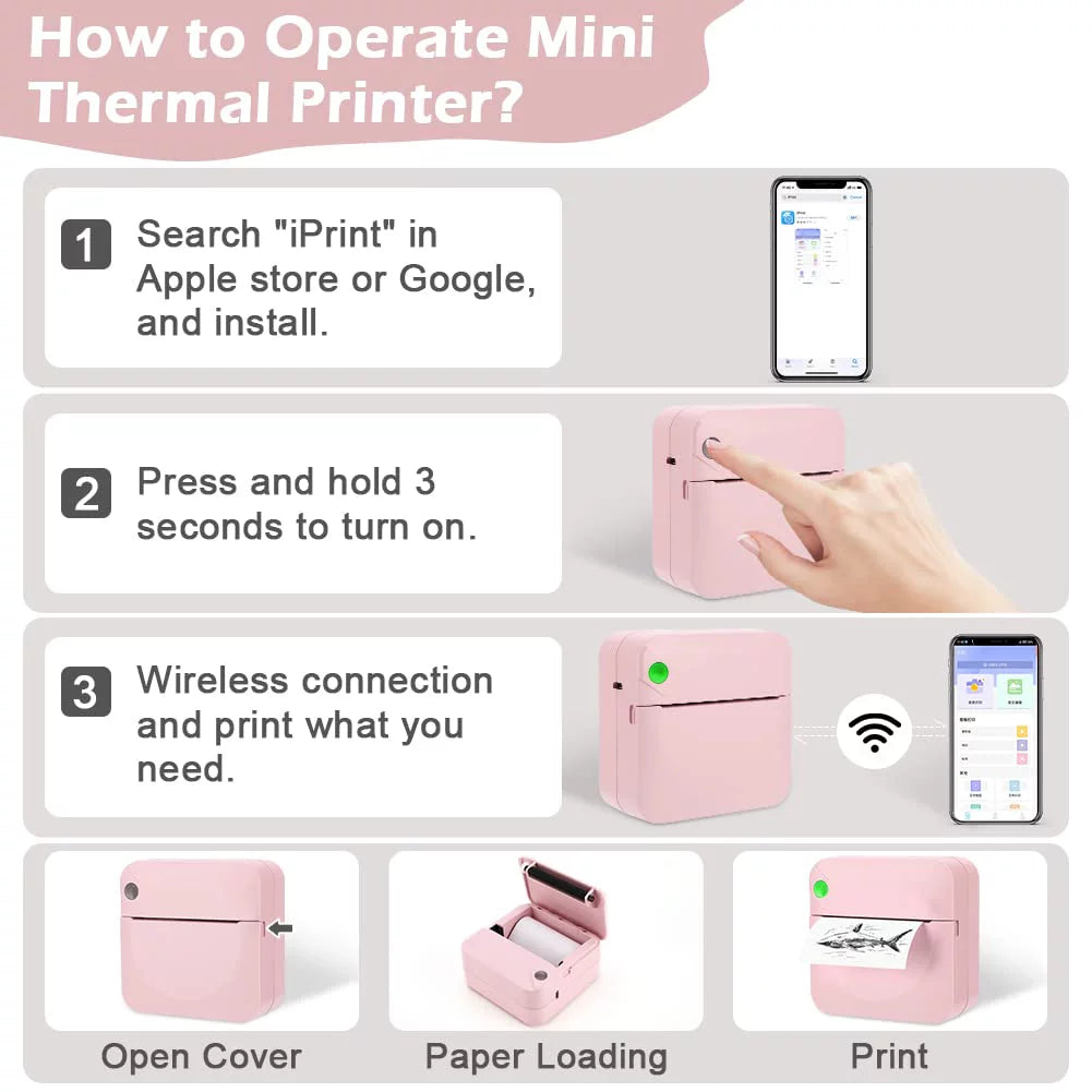 Mini Printer, Bluetooth Pocket Thermal Printer Inkless Portable Sticker Printer Compatible with Ios and Android, Wireless Photo Printer for Printing Label, Journal, Study Notes, Memo, Photos