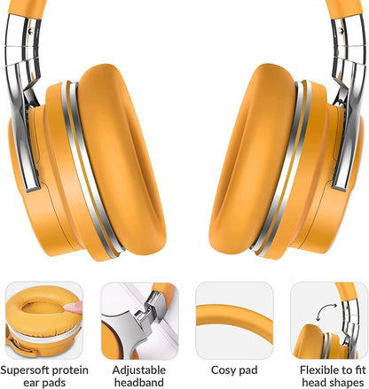 E7 Active Noise Cancelling Headphones Bluetooth Headphones with Microphone Deep Bass Wireless Headphones over Ear, Comfortable Protein Earpads, 30 Hours Playtime for Travel/Work, Yellow