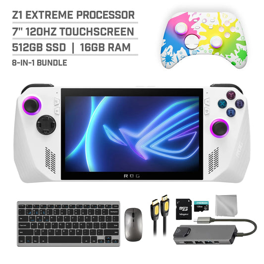 ROG Ally 512GB Gaming Handheld 7-Inch Touchscreen 120Hz FHD 1080P AMD Ryzen Z1 Extreme Processor, Mytrix Inkjet Wireless Pro Controller, Hub, 128GB Microsd, Keyboard & Mouse, 8 in 1 Bundle