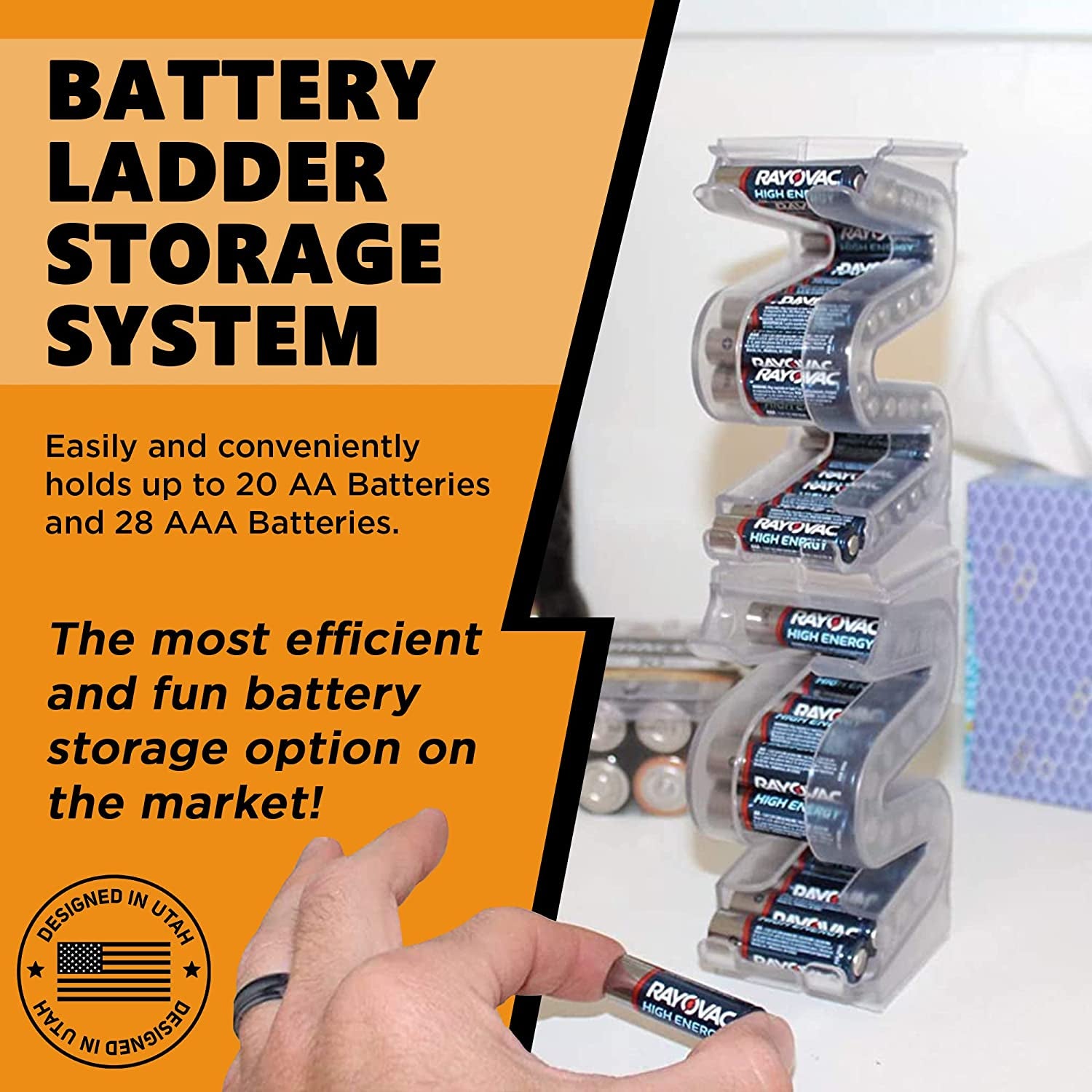 Battery Ladder (TM) Clear AA & AAA Combo Battery Holder/Storage - Vertical Organizer Case That Holds 28 AAA & 20 AA Batteries - Stackable, Expandable and Wall Mountable - Combo Pack